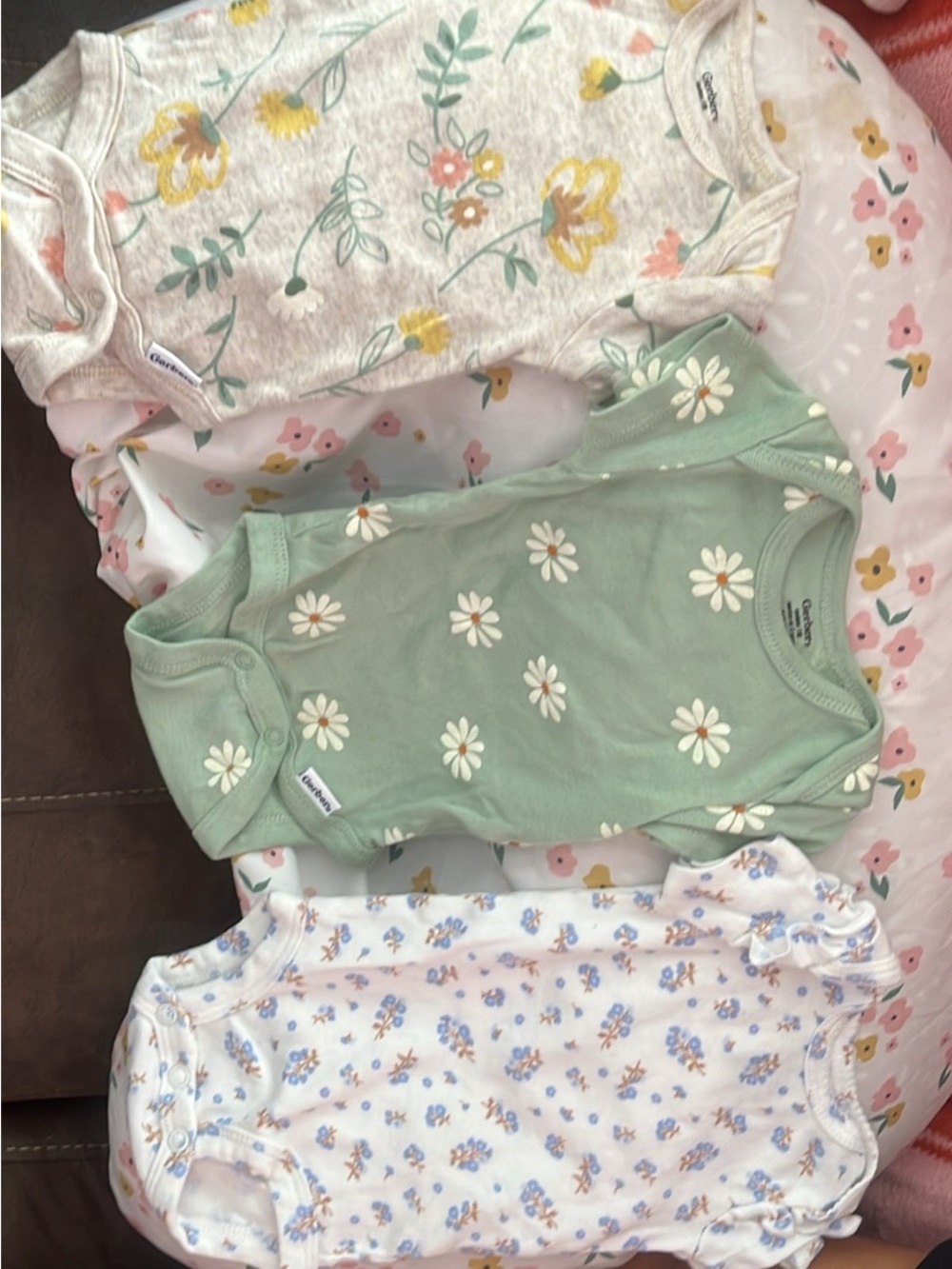 Carter's Floral & Daisy Short-Sleeve Onesie Set - Green, Heather Gray & White